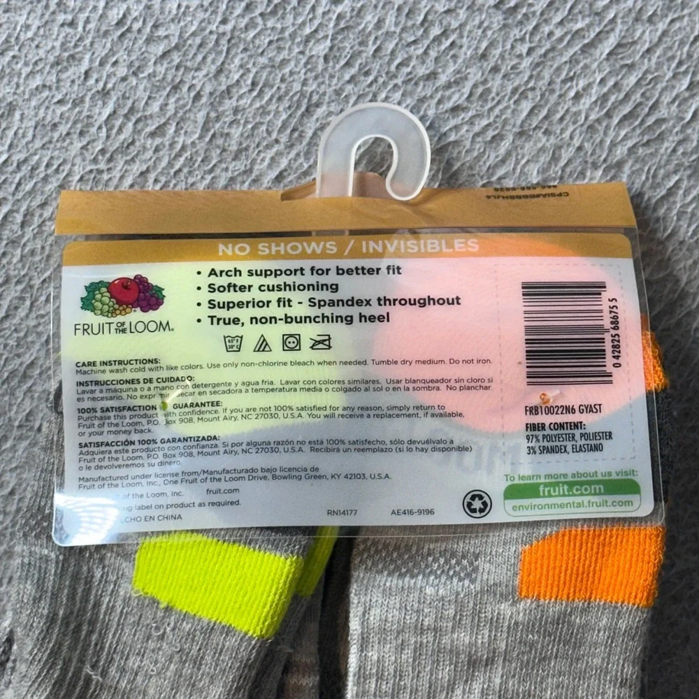 Fruit of the Loom Socks Boys L Grey 6PK No Show Invisible Moisture Management